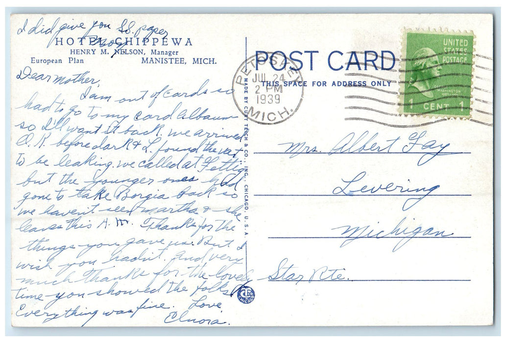 1939 Hotel Chippewa Building Restaurant Classic Cars Manistee MI Posted Postcard