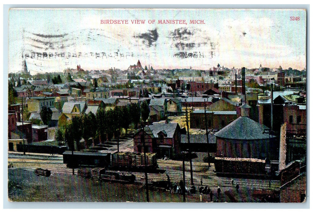 1911 Birdseye View Of Buildings Railroad Dirt Road Manistee Michigan MI Postcard