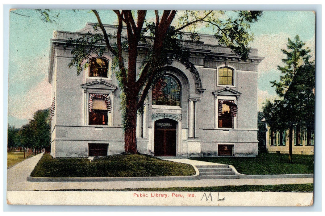 1909 Public Library Exterior Roadside Peru Indiana IN Posted Vintage Postcard