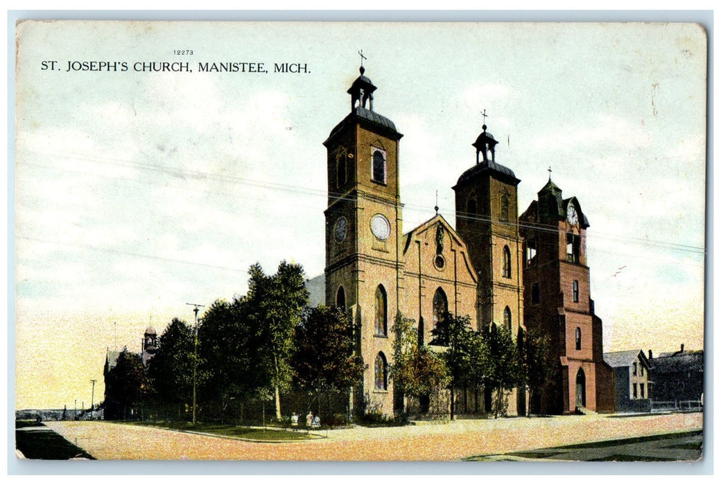 c1910 St. Joseph's Church Building Towers Clock Family Road Manistee MI Postcard