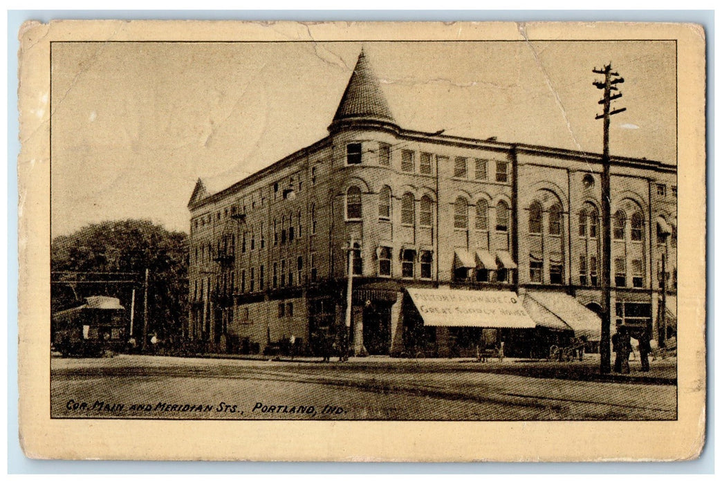 1911 Corner Main And Meridian Streets Scene Portland Indiana IN Posted Postcard