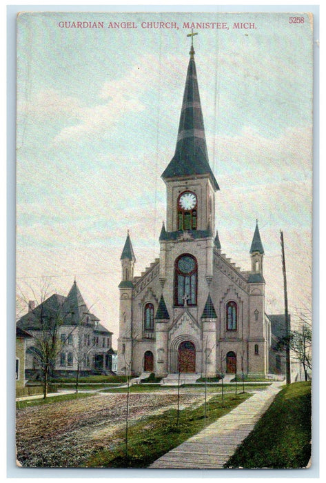 1921 Guardian Angel Church Clock Tower Dirt Road Manistee Michigan MI Postcard