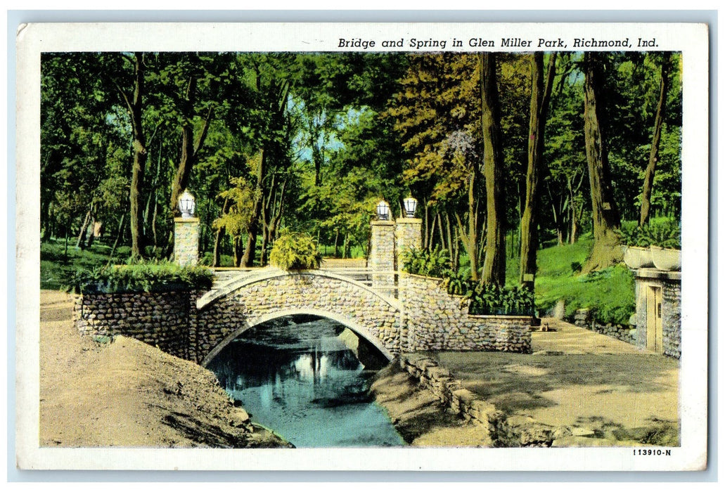 c1940s Bridge And Spring In Glen Miller Park Scene Richmond Indiana IN Postcard