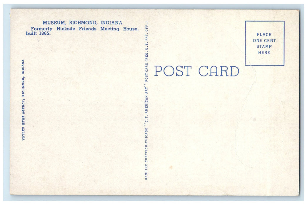 c1940's Hicksite Friends Meeting House Museum Scene Richmond Indiana IN Postcard