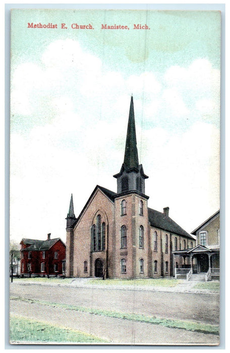 c1950's Methodist Episcopal Church Building Tower Manistee Michigan MI Postcard