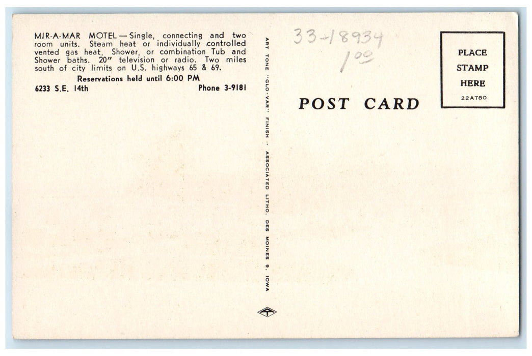 c1940s Mir-A-Mar Motel Exterior Roadside Des Moines Iowa IA Unposted Postcard