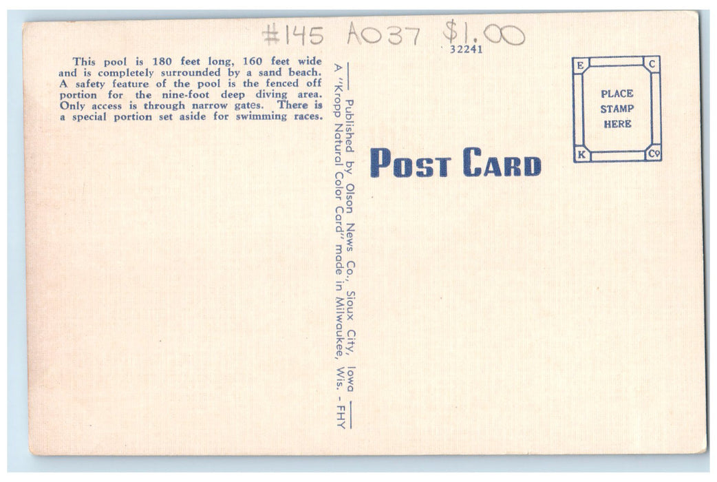 c1940s Leif Erickson Pool Bathing Scene Sioux City Iowa IA Unposted Postcard