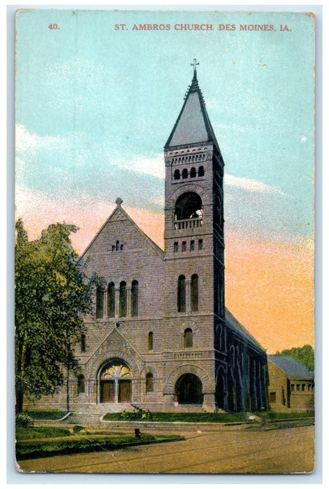 1911 St. Ambros Church Exterior Roadside Des Moines Iowa IA Posted Postcard