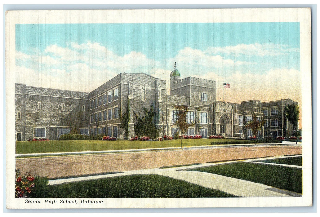 1939 Senior High School Exterior Roadside Dubuque Iowa IA Posted Trees Postcard