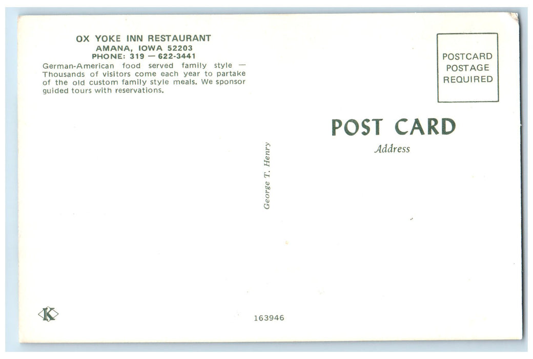 c1960s Ox Yoke Inn Restaurant Exterior Amana Iowa IA Unposted Signage Postcard