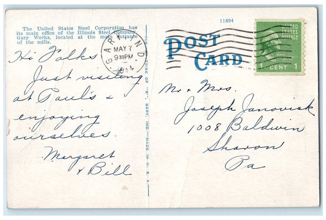 1944 Illinois Steel Company's Offices And Hospital Gary Iowa IA Posted Postcard