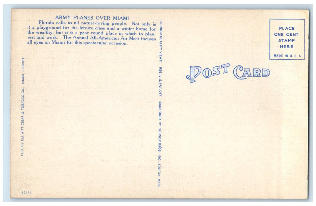 c1940's Army Pursuit Planes All American Air Meet Over Miami Florida FL Postcard