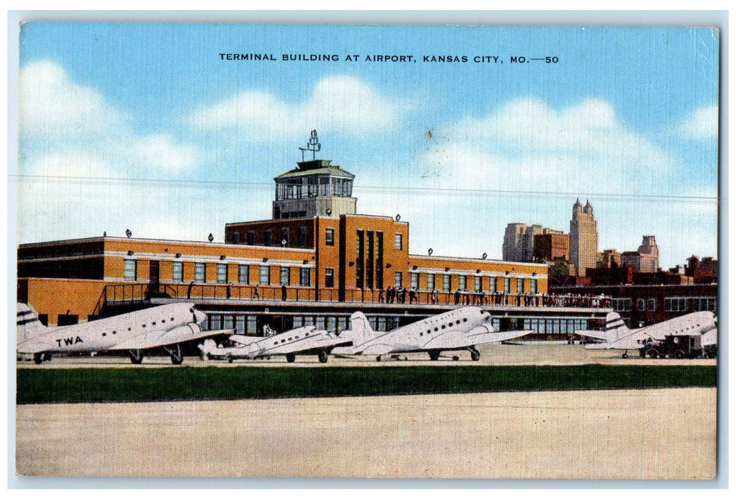 c1940 Terminal Building At Airport Tower Planes Kansas City Missouri MO Postcard