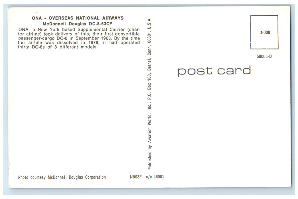 c1950 ONA Overseas National Airways McDonnell Douglas DC863CF Airplane Postcard