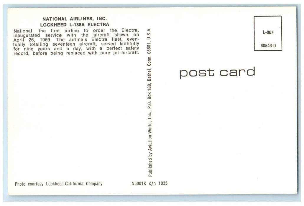 c1950 National Airlines Inc. Lockheed L188A Electra April 1959 Airplane Postcard