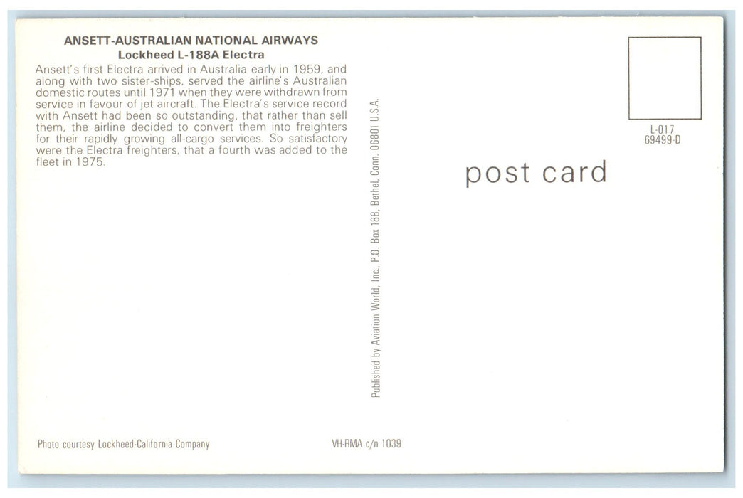 c1950 ANSETT Australian National Airways Lockheed L188A 1959 Airplane Postcard
