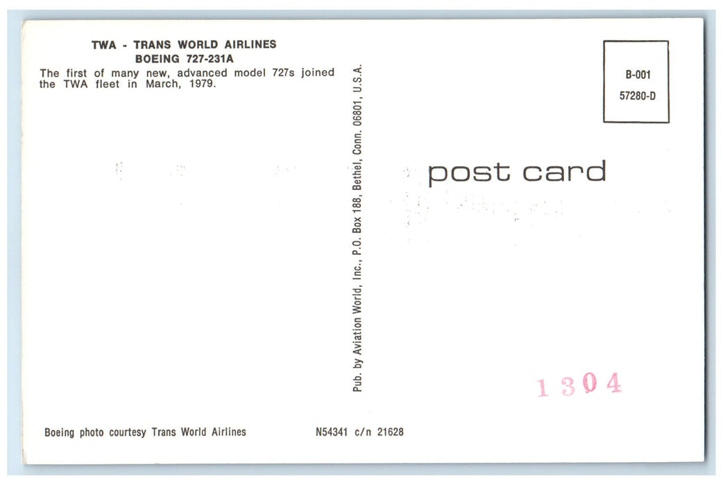 c1950 TWA Trans World Airlines Boeing 727231A Fleet March 1979 Airplane Postcard