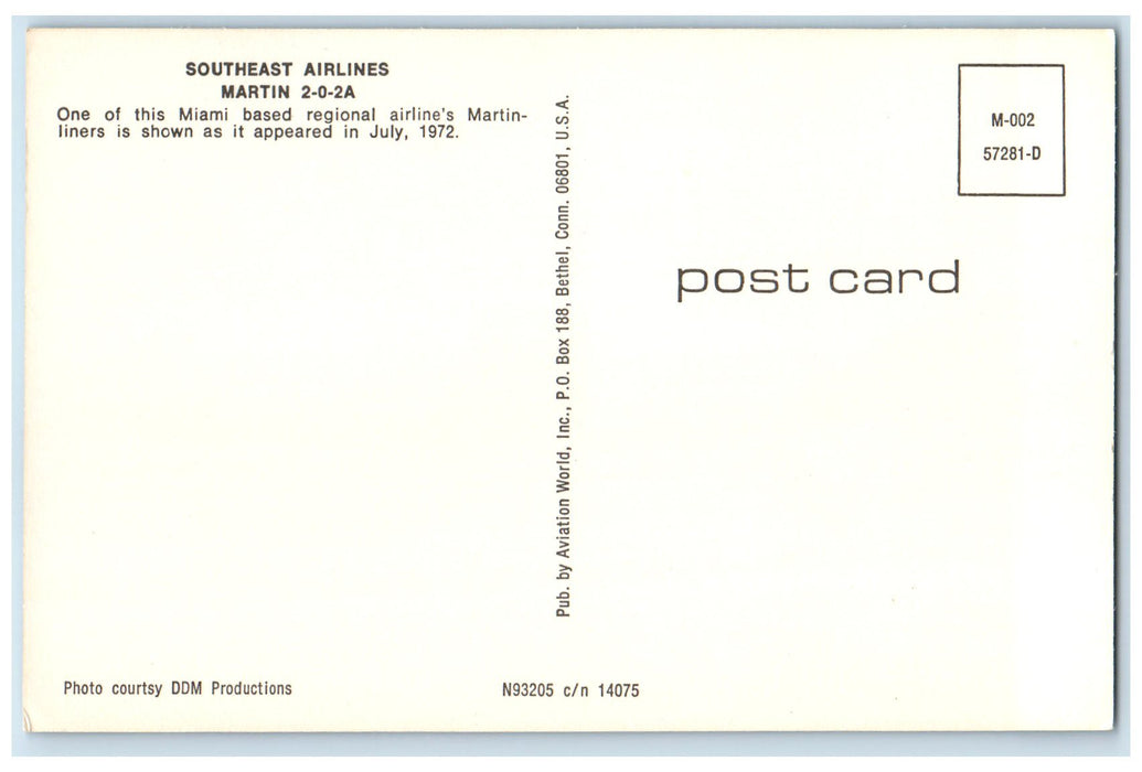 c1950 Southeast Airlines Martin 202A Regional Miami Base 1972 Airplane Postcard