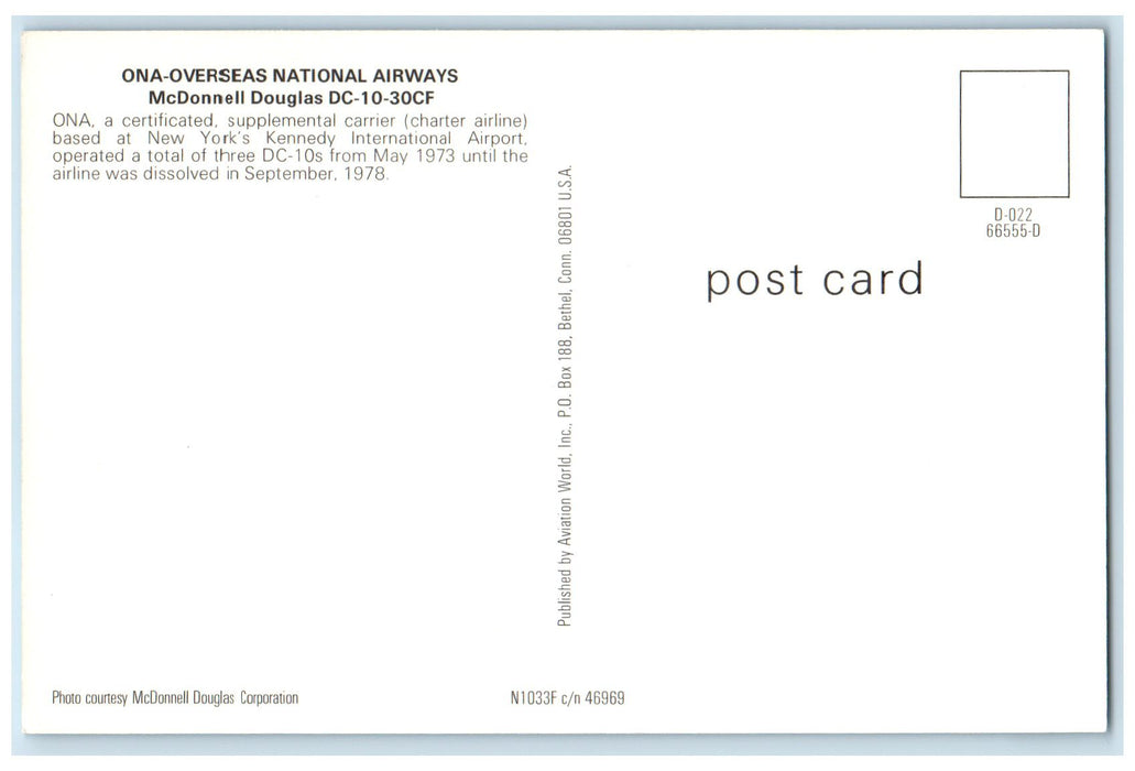 c1950 ONA Overseas National Airways McDonnell Douglas DC1030CF Airplane Postcard