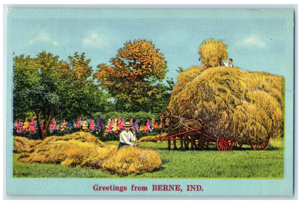 1962 Greetings From Berne Farmer Fields Horse Cargo Indiana IN Posted Postcard