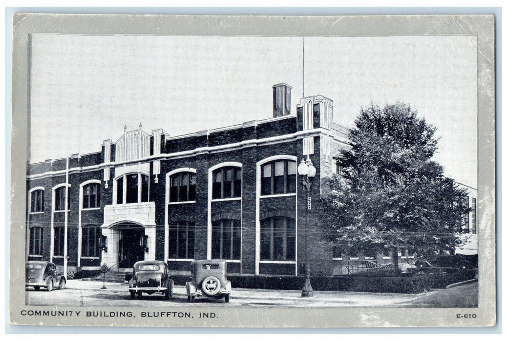 c1920's Community Building Classic Cars Entrance Bluffton Indiana IN Postcard