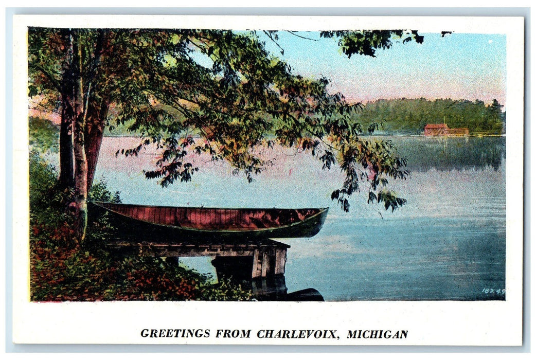 c1940s Greetings From Charlevoix Boat Tree Michigan MI Unposted Vintage Postcard