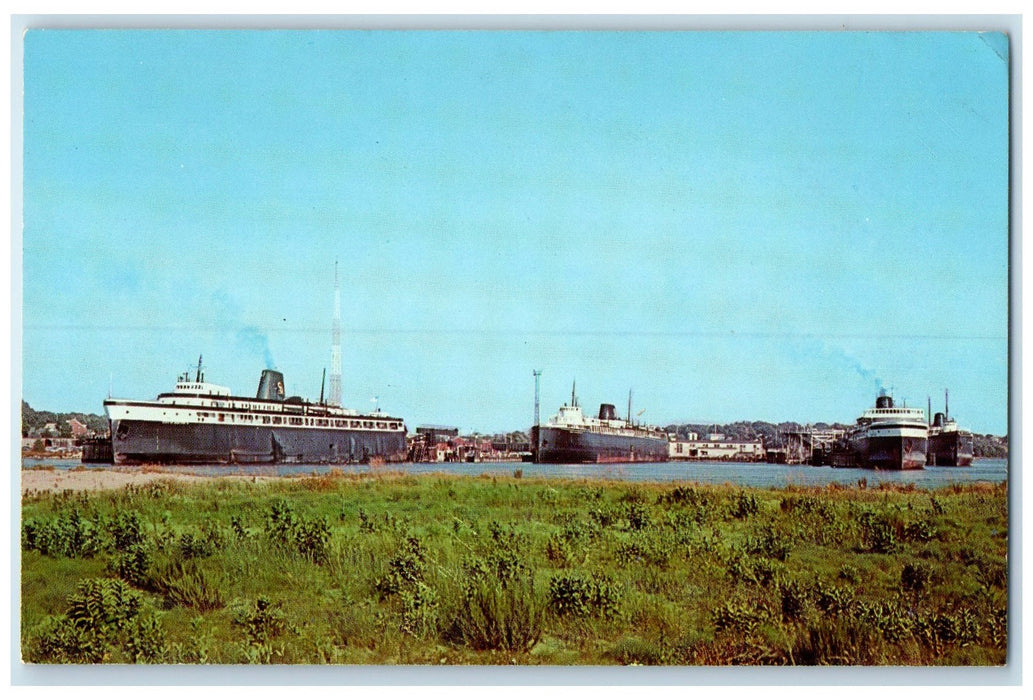 c1950 Four Pere Marquette C&O Boats Docked Harbor Ludington Michigan MI Postcard