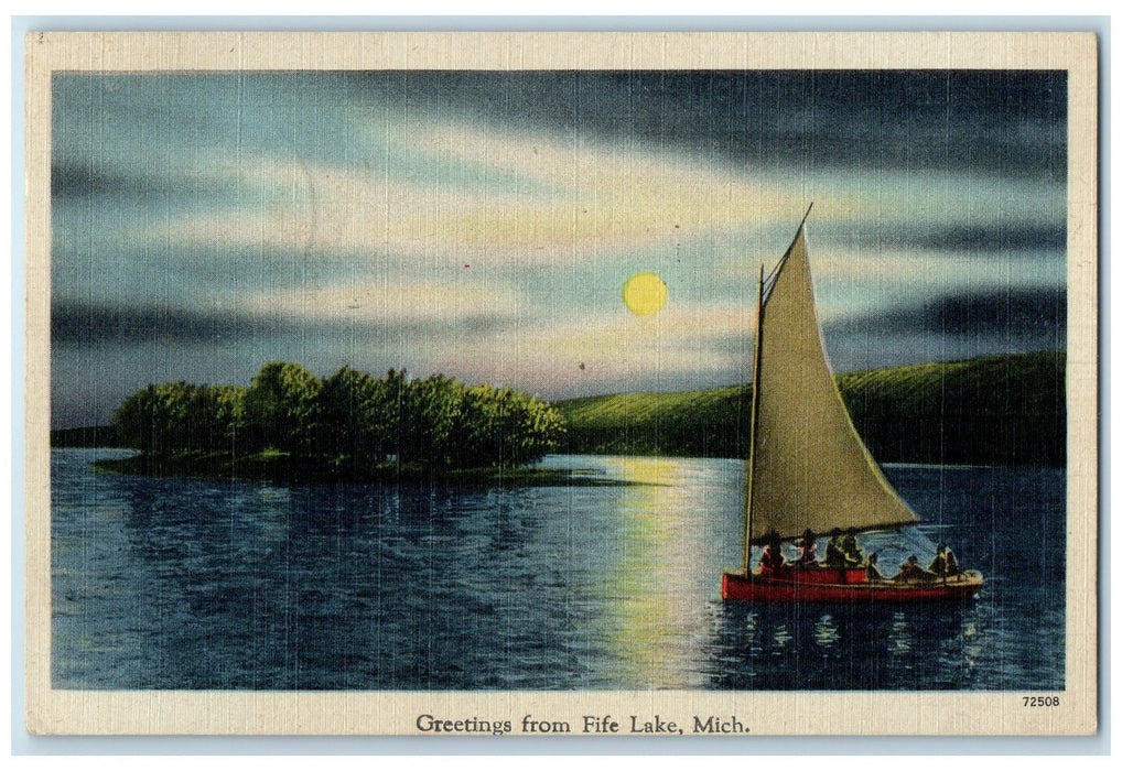 1948 Greetings From Fife Lake Moon Yacht Michigan MI Posted Vintage Postcard