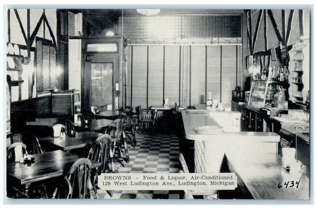c1950 Brown Food Liquor Airconditioned Restaurant Interior Ludington MI Postcard