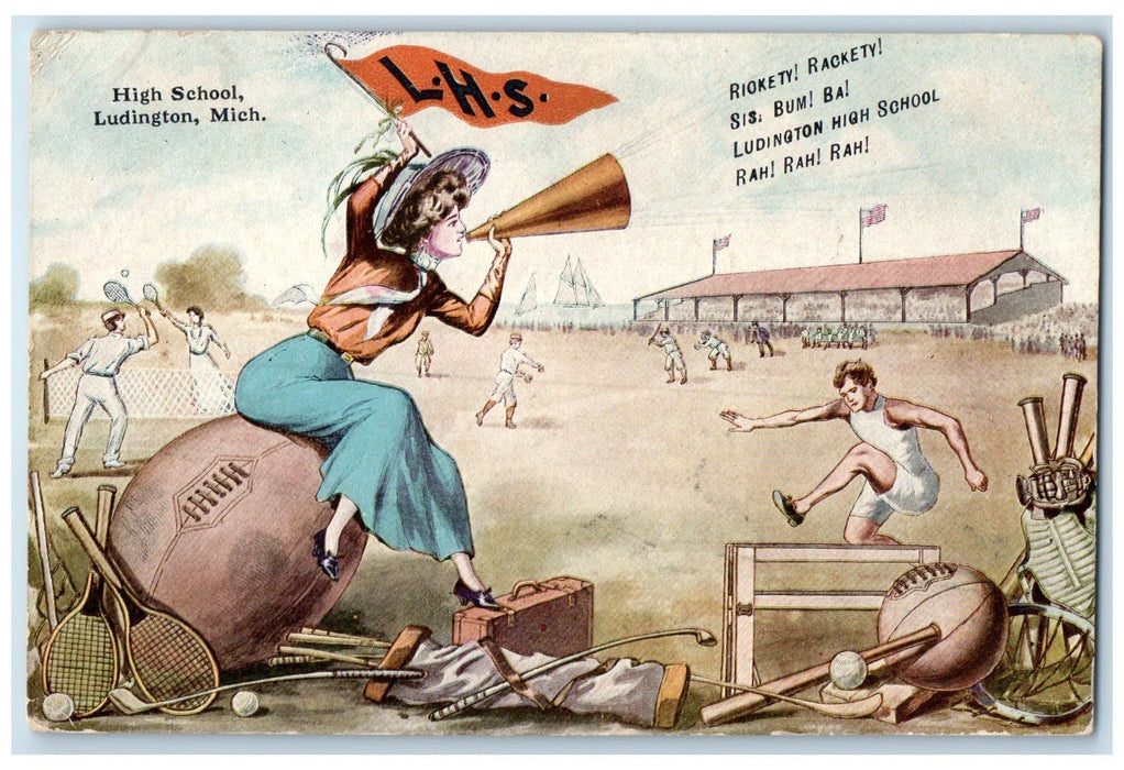 c1950 High School Sports Festival Grandstand View Ludington Michigan MI Postcard
