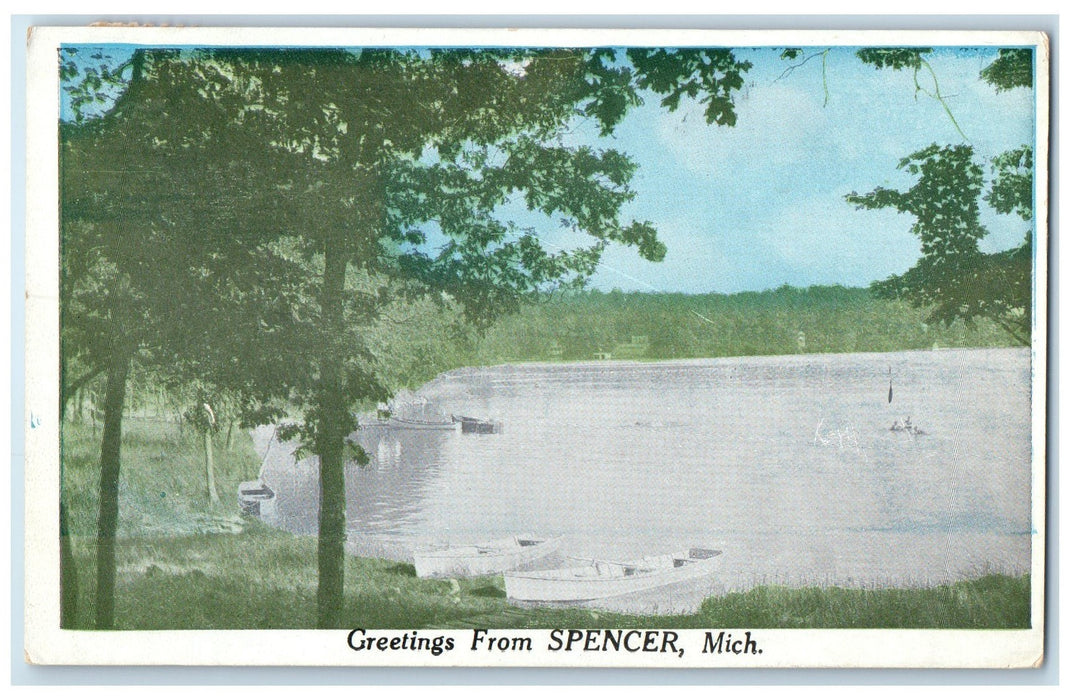 c1940's Greetings From Spencer Boats Scene Michigan MI Posted Vintage Postcard