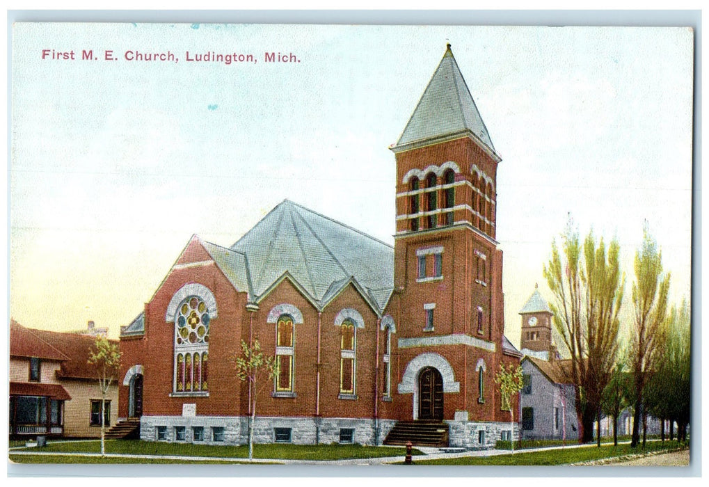 c1950's First Methodist Church Building Tower Ludington Michigan MI Postcard