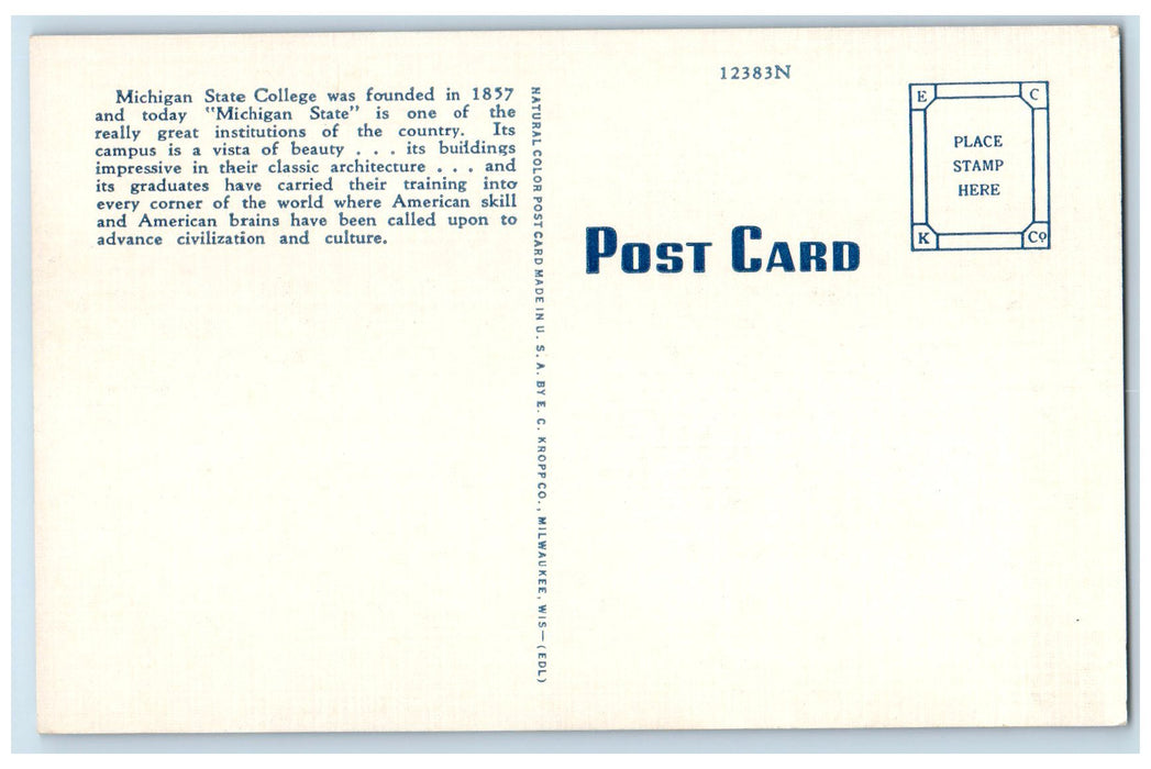 c1940's West Entrance Union Building Michigan State College Lansing MI Postcard