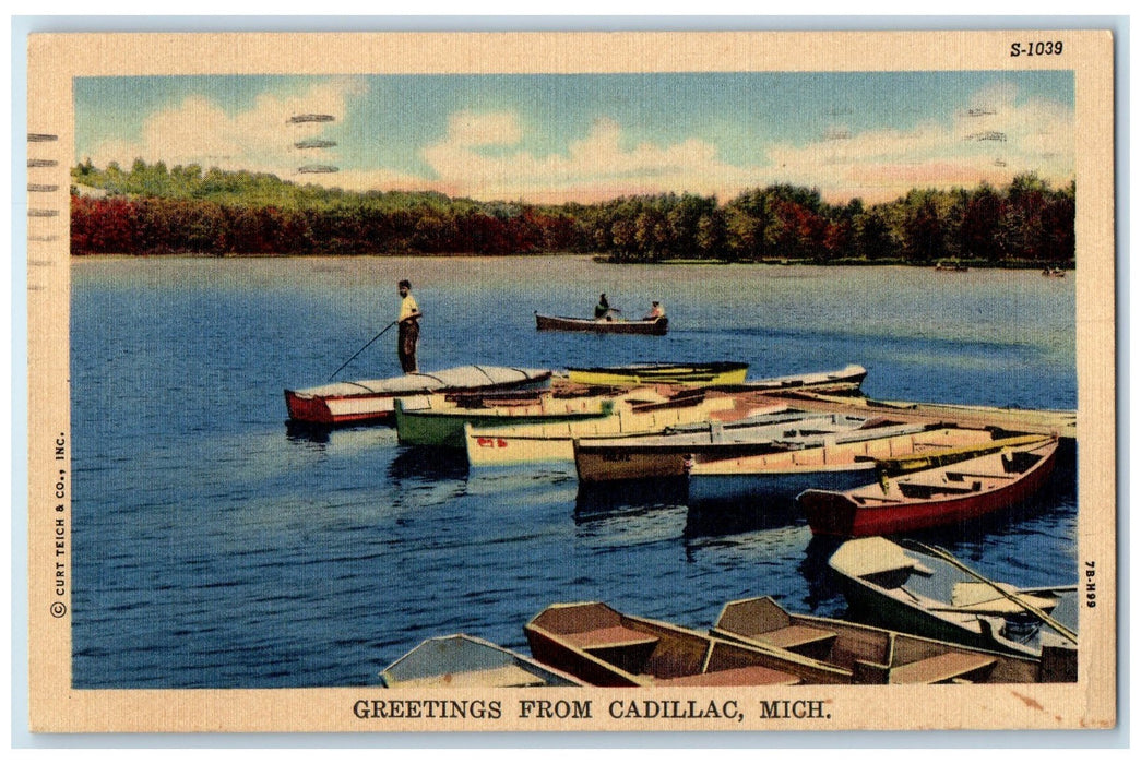 1949 Greetings From Cadillac Canoeing Scene Michigan MI Unposted Boats Postcard