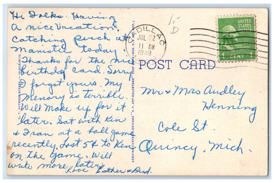 1949 Greetings From Cadillac Canoeing Scene Michigan MI Unposted Boats Postcard