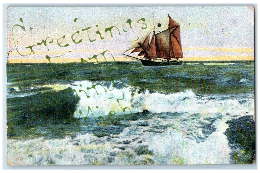 1908 Sailing Boat Harsh Wave Middle Of Sea Ludington Michigan MI Posted Postcard