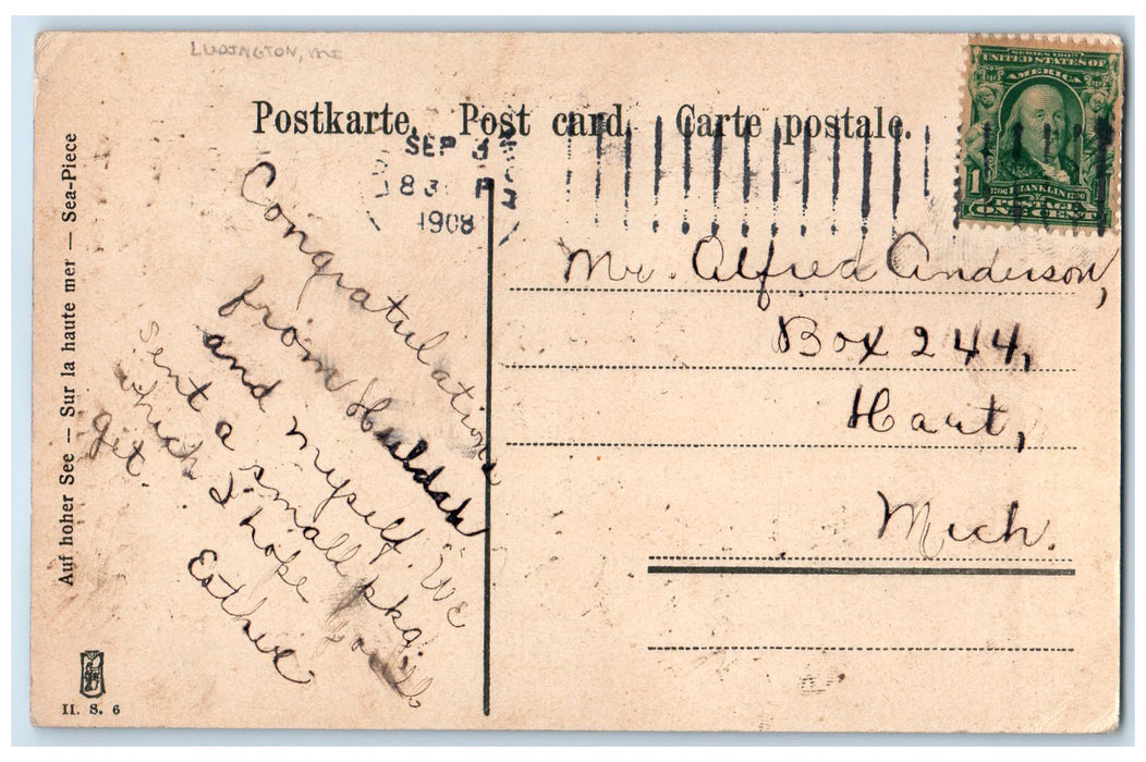 1908 Sailing Boat Harsh Wave Middle Of Sea Ludington Michigan MI Posted Postcard