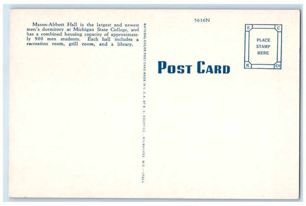 c1940's Mason-Abbott Hall Michigan State College Lansing Michigan MI Postcard