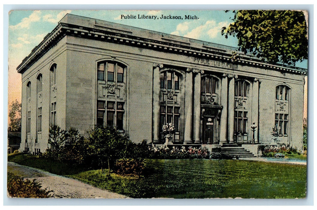1913 Public Library Exterior Roadside Jackson Michigan MI Posted Trees Postcard