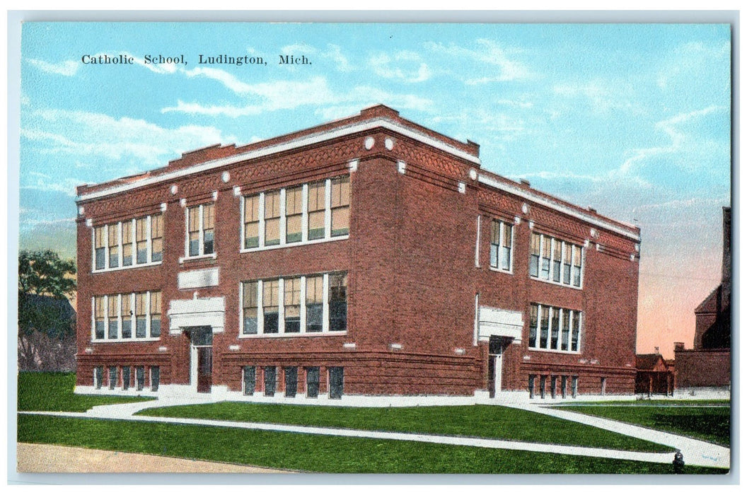 c1950's Catholic School Building Campus Entrance Ludington Michigan MI Postcard