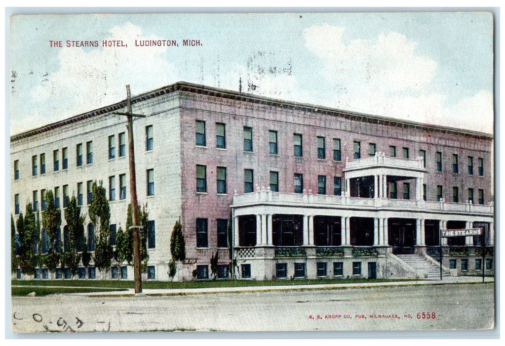1910 The Stearns Hotel Building Restaurant Ludington Michigan MI Posted Postcard