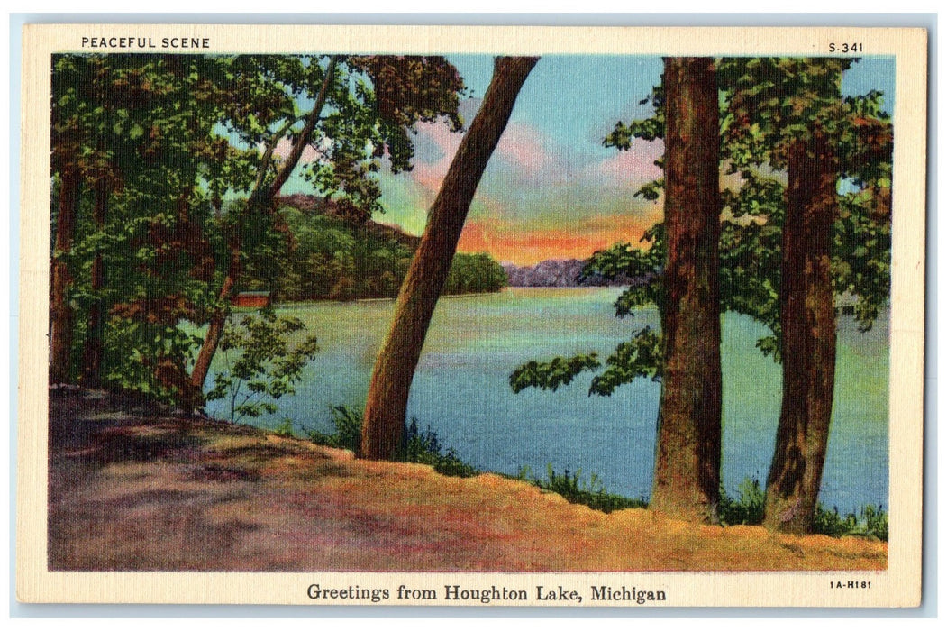 c1940s Greetings From Houghton Lake Peaceful Scene Michigan MI Unposted Postcard