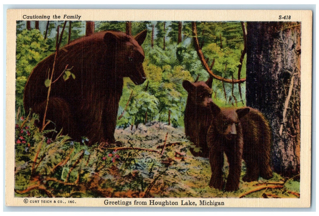 c1940's Greetings From Houghton Lake Michigan MI Unposted Bear Family Postcard