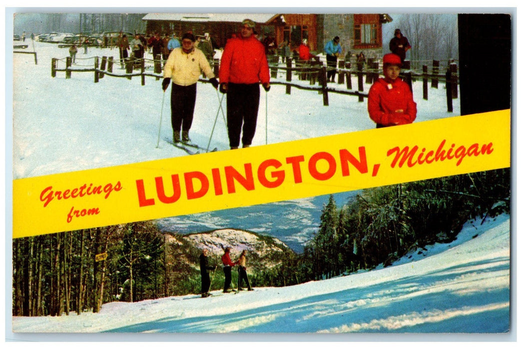 c1950's Greetings From Ludington Winter Skiing Ludington Michigan MI Postcard