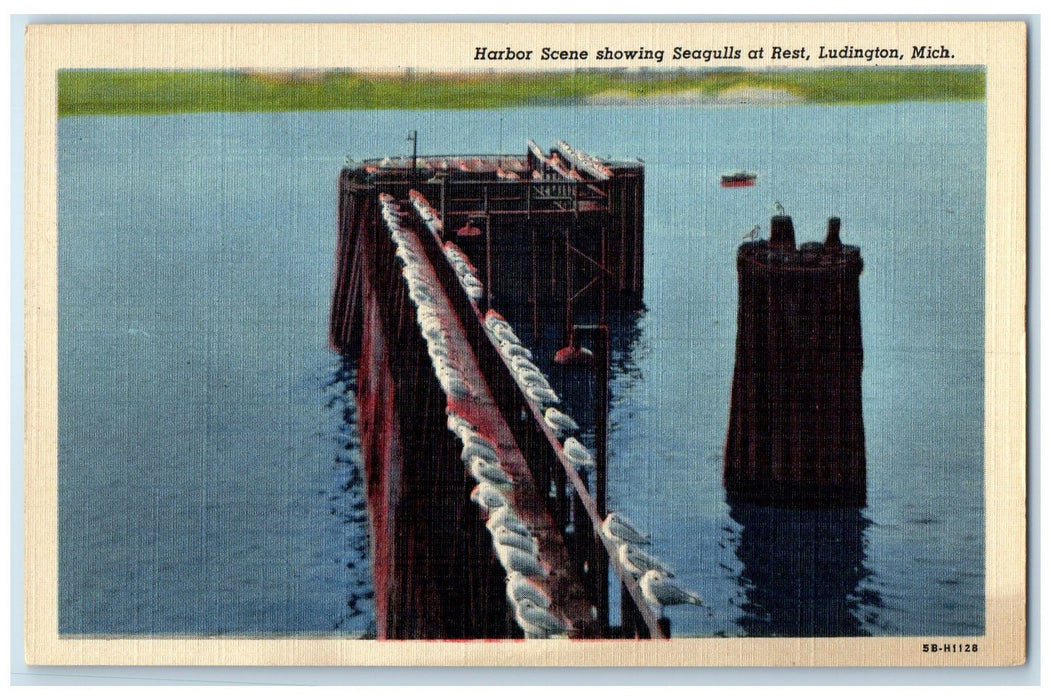 c1940 Harbor Scene Showing Seagulls At Rest Boat Ludington Michigan MI Postcard