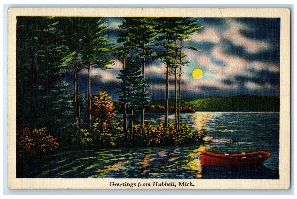 c1940's Greetings From Hubbell Moon Boat Scene  Michigan MI Unposted Postcard