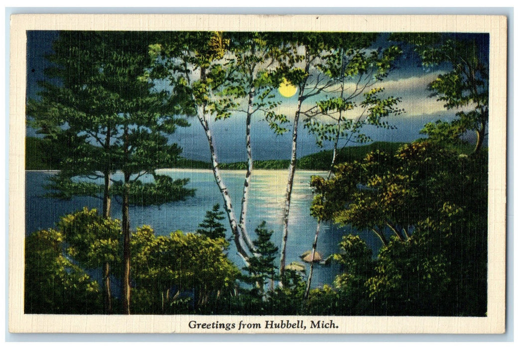 c1940's Greetings From Hubbell Moonlight Scene Michigan MI Unposted Postcard