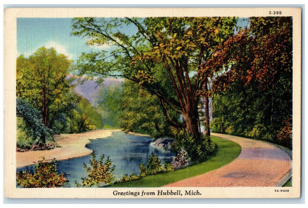 c1940's Greetings From Hubbell River Scene Michigan MI Unposted Vintage Postcard