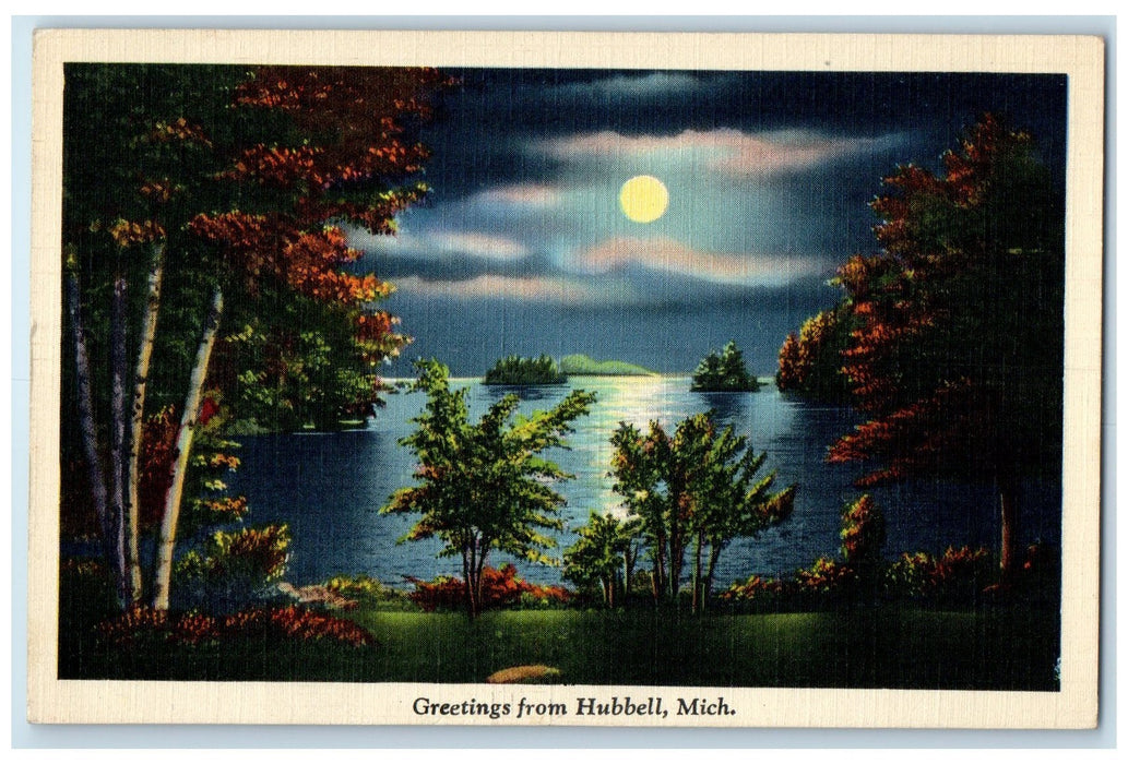 c1940's Greetings From Hubbell Moon Scene Michigan MI Unposted Vintage Postcard