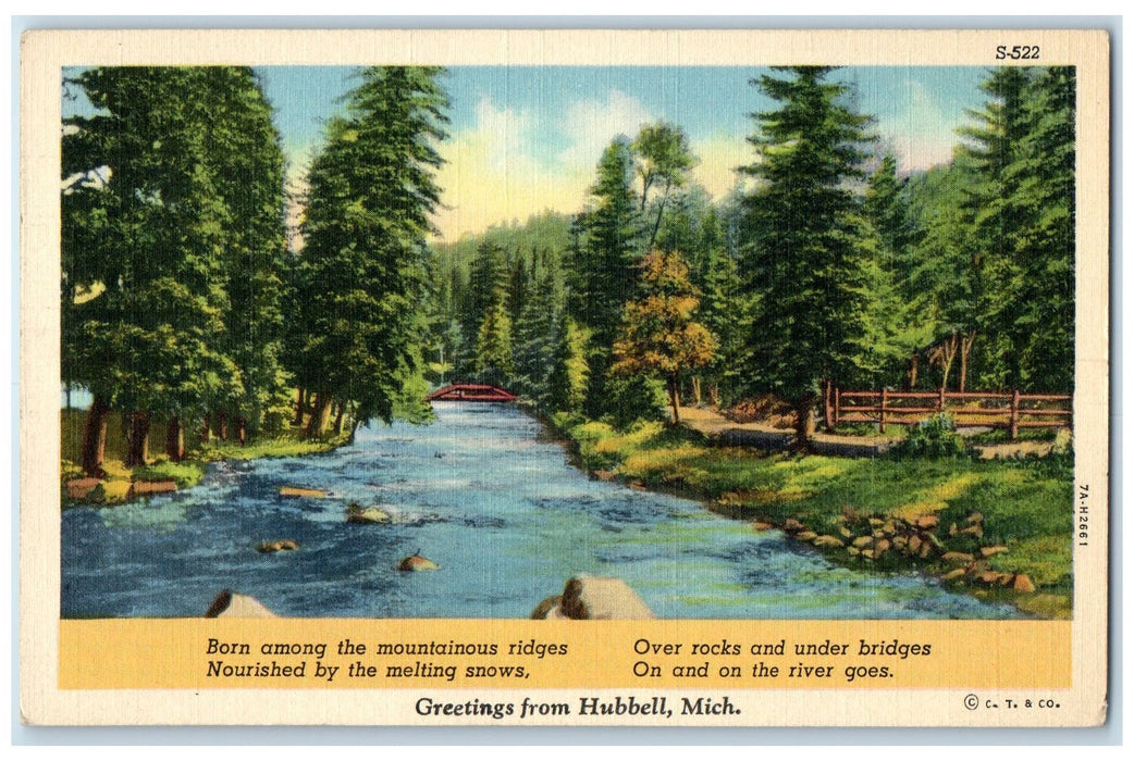 c1940s Greetings From Hubbell Bridge Scene Michigan MI Unposted Vintage Postcard